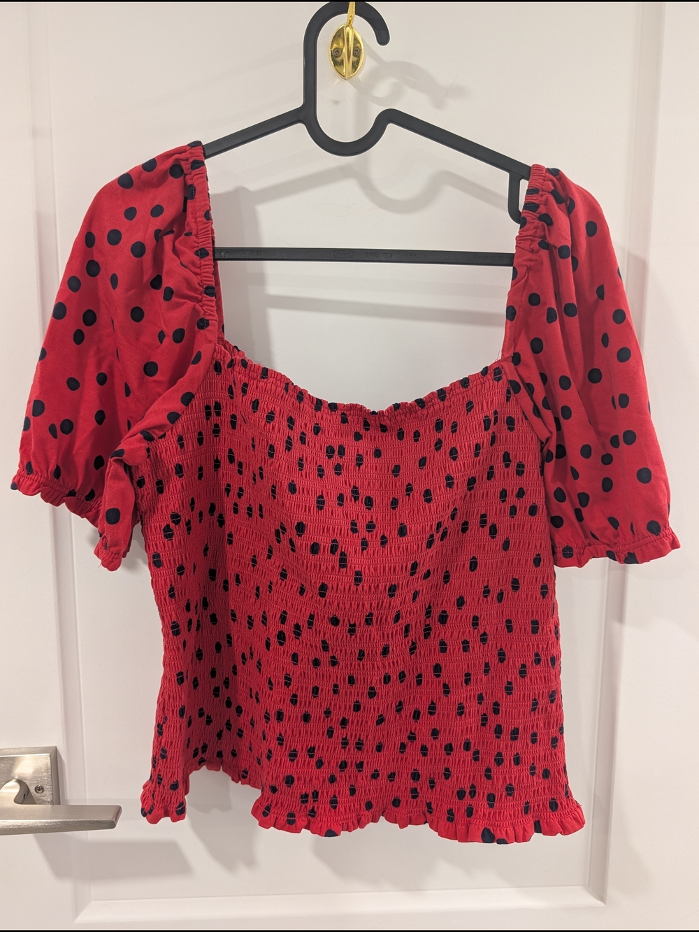 Dolan Red Polka Dot Smocked Puff Sleeve Top